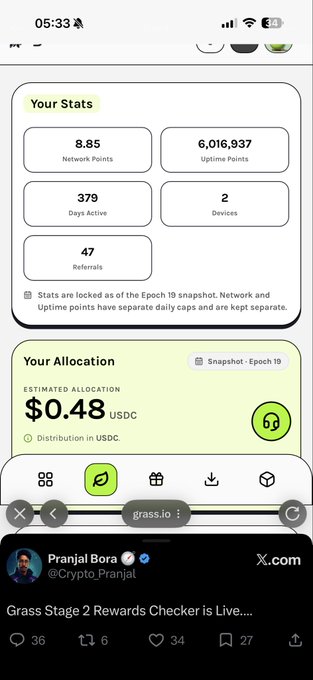 A screenshot shows a "Grass" user's stats, displaying 8.85 network points, over 6 million uptime points, and an estimated allocation of $0.48 USDC. This low payout directly relates to the post's sarcasm regarding the project's treatment of users and its impact on regional airdrop farmers.