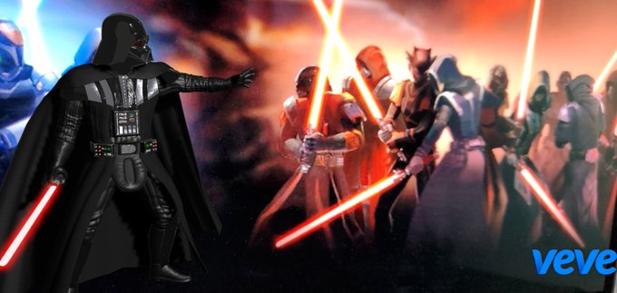 A Star Wars-themed promotional image for the VeVe app featuring Darth Vader in the foreground with a red lightsaber facing off against a group of Jedi.