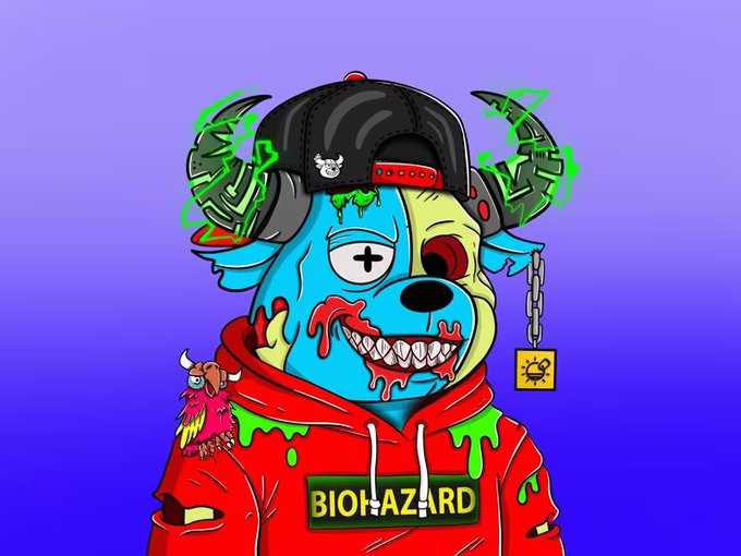 A digital illustration of a cartoon dog character with blue fur, horns, and an 'X' eye wearing a black cap, red hoodie with 'BIOHAZARD' text, dripping green slime, and a biohazard warning tag.