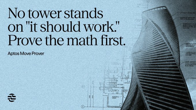 The image features an architectural drawing of a tall building, with the caption "No tower stands on 'it' it should work. Proof the math first." The text appears to be a quote from Apotheos Move Prover about mathematical proofs.