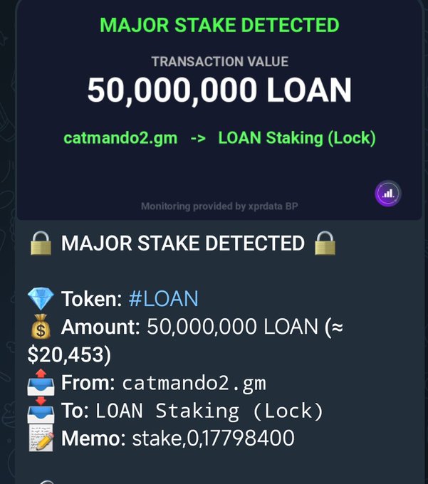 "The post shows a snapshot of a transaction that was detected by a network monitoring system like Whale Watcher, named as #XPR Network & #Metal #Loan Community!". The picture depicts an amount of money being transferred; this value is $20,453. In addition to the monetary details, there are two emojis in the image: one showing a diamond and another with a dollar sign. This information helps understand the context or the content of the post better. The post also highlights that major stake detected by Whale Watcher, which seems to be related to the transaction value or the terms of lending or borrowing money.