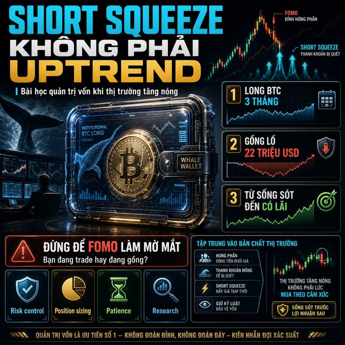 A Vietnamese cryptocurrency trading infographic titled 'SHORT SQUEEZE KHÔNG PHẢI UPTREND' (Short Squeeze is Not an Uptrend), warning about FOMO and highlighting risk control, position sizing, patience, and research along with BTC institutional long positions.
