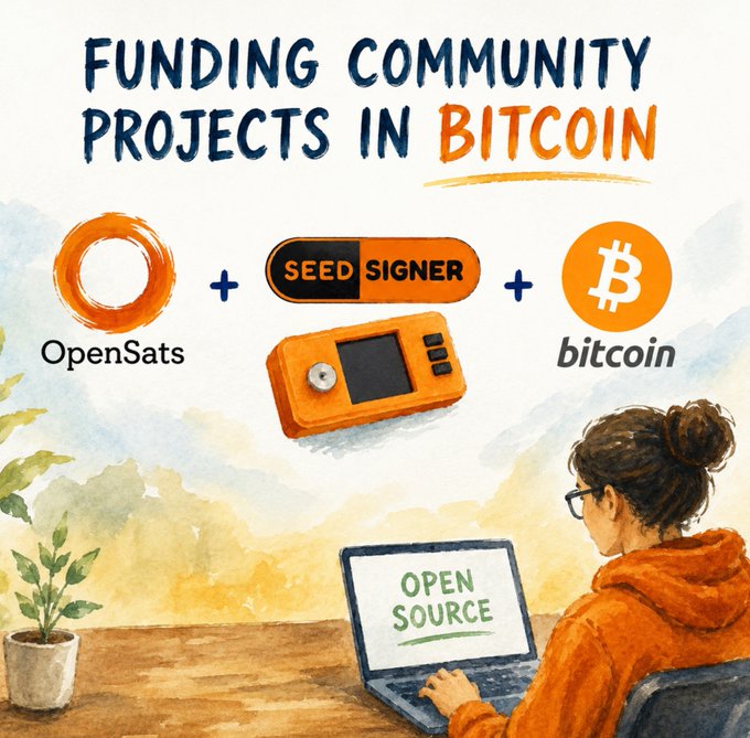 The image is a watercolor-style illustration showing a person working on a laptop displaying "OPEN SOURCE," with visual elements combining the OpenSats logo, a SeedSigner hardware device, and a Bitcoin symbol, under the heading "FUNDING COMMUNITY PROJECTS IN BITCOIN." It visually represents how Bitcoin-based community projects like SeedSigner receive funding through OpenSats, emphasizing the transparency and open-source nature of Bitcoin infrastructure development mentioned in the post.