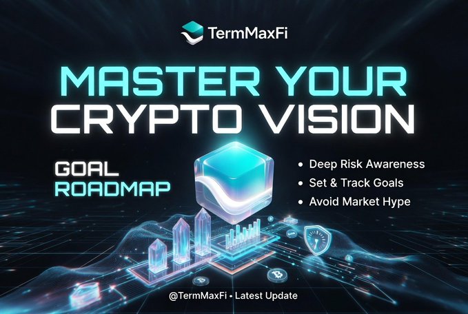 A promotional graphic for TermMaxFi featuring the headline 'MASTER YOUR CRYPTO VISION' with a 'GOAL ROADMAP' section listing 'Deep Risk Awareness, Set & Track Goals, Avoid Market Hype' alongside futuristic 3D cube and chart graphics.