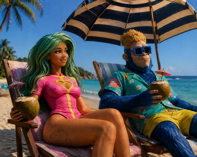 A vibrant 3D-rendered scene of a green-haired woman in a pink swimsuit and a blue gorilla wearing sunglasses and a Hawaiian shirt relaxing on beach chairs under a striped umbrella, both holding coconut drinks.