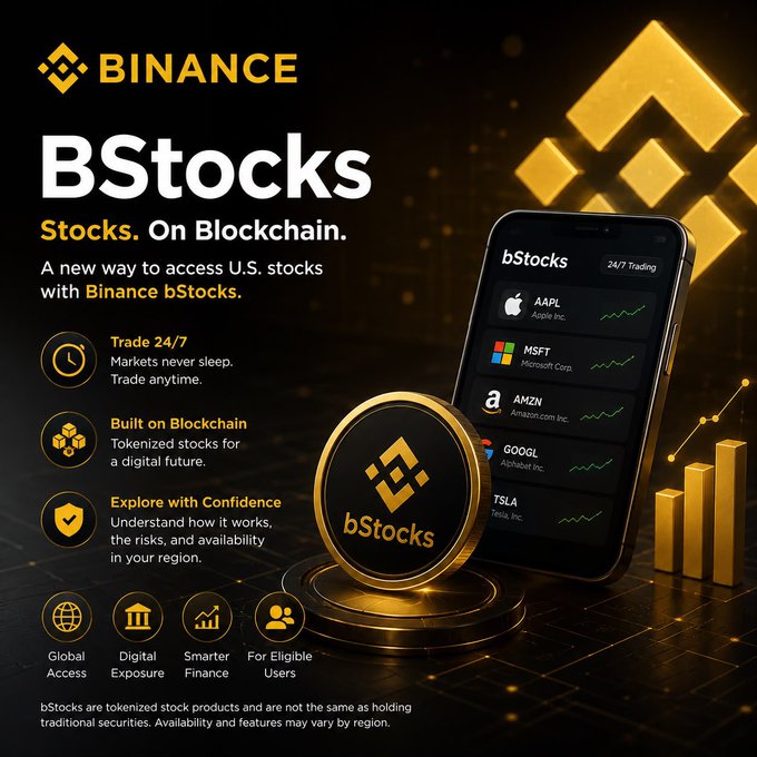 A Binance promotional graphic for 'bStocks' featuring the tagline 'Stocks. On Blockchain.' and showing a mobile app interface displaying stocks like AAPL, MSFT, AMZN, GOOGL, and TSLA.