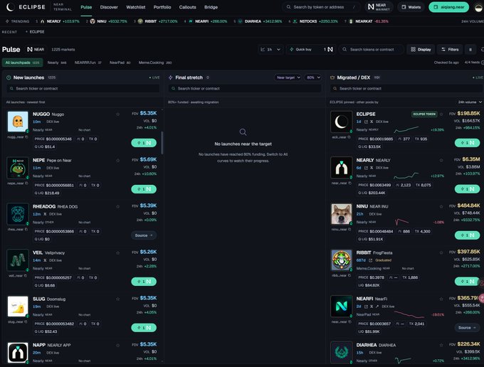 The Eclipse DEX platform displays the Pulse section with various token launches and migrations, including NUGGO, NEPE, VEIL, SLUG, NAPP, ECLIPSE, NEARLY, NINU, RIBBIT, NEARFI, and DHARHA.
