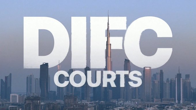 A cityscape featuring the Burj Khalifa skyline at dusk with large white text overlay reading 'DIFC COURTS'.
