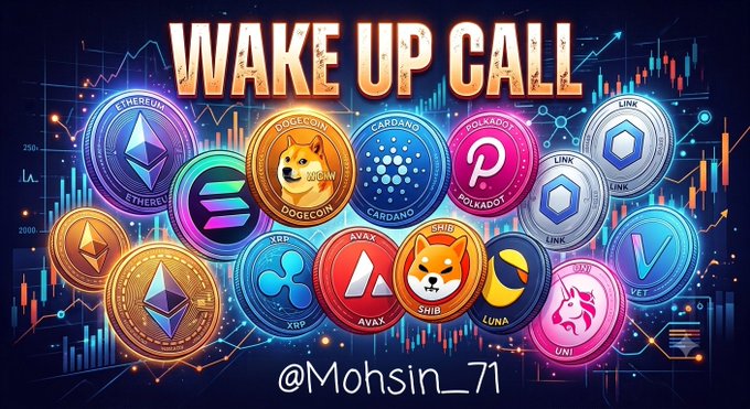 The image displays a vibrant crypto-themed graphic titled "WAKE UP CALL," featuring popular altcoin logos including Ethereum, Dogecoin, Cardano, Polkadot, Chainlink (LINK), XRP, AVAX, Shiba Inu, Luna, and Uniswap (UNI), set against a background of trading charts. It directly complements the post's prompt asking which altcoin team needs a "wake-up call," inviting viewers to identify underperforming cryptocurrencies, with the creator credited as "@Mohsin_71."
