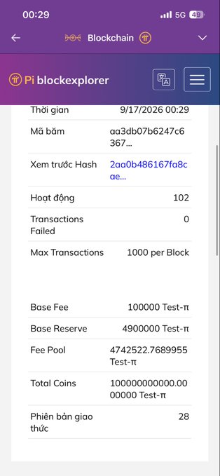 A Pi blockexplorer mobile interface showing blockchain details for 9/17/2026, including block hash, 102 transactions, and total coins of 100,000,000,000.00 Test-π.