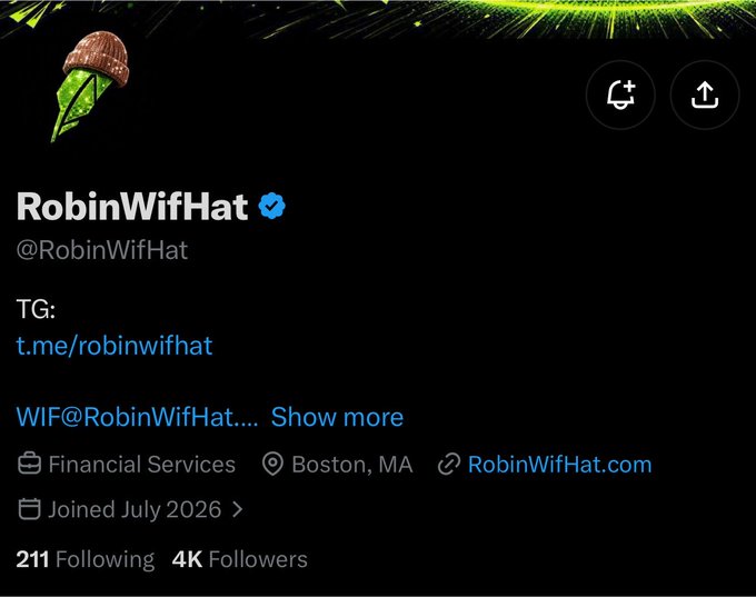 The image shows a Twitter/X profile page for "RobinWifHat" (@RobinWifHat), a verified account in Financial Services based in Boston, MA, with 4K followers and a join date of July 2026, linking to t.me/robinwifhat and RobinWifHat.com.

The profile relates to the post as it showcases the RobinWifHat account that is launching the upcoming NFT collection, featuring an acorn-themed logo that aligns with the project's branding.