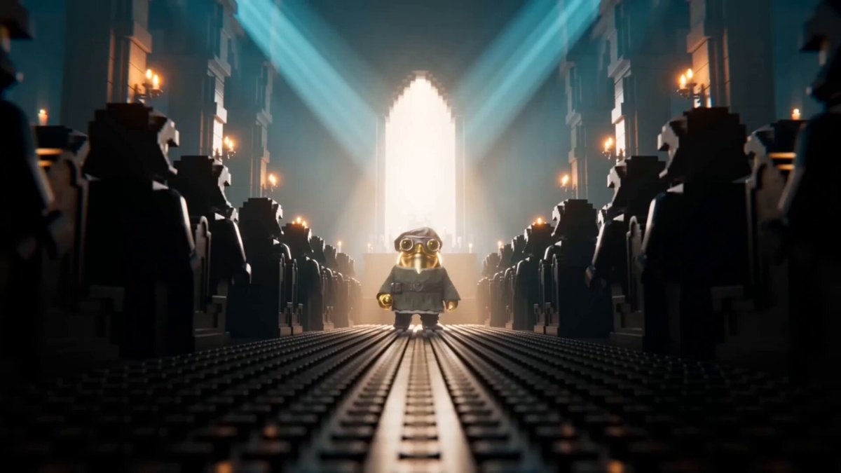 !"MEEBIN" is a character from the movie LEGO Movie, standing in front of an archway or doorway that leads into a room with multiple rows of chairs. The scene takes place inside a church, where the character appears to be attending a ceremony or event.