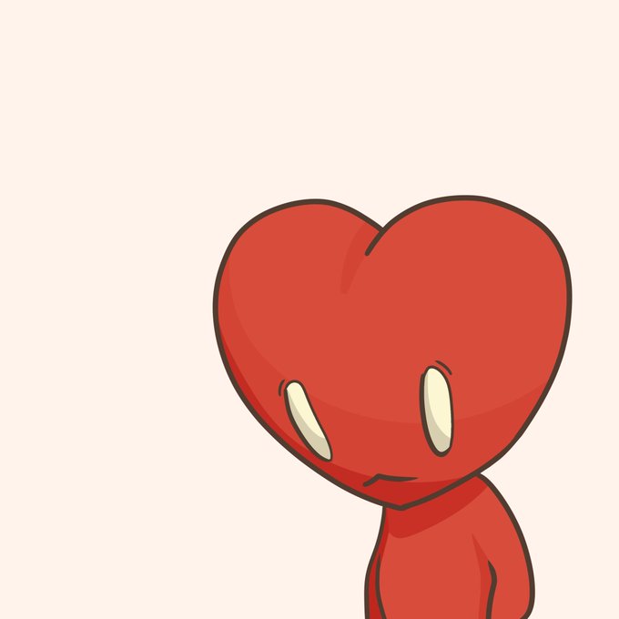 An illustration of a red cartoon character with a heart-shaped head looking downward.