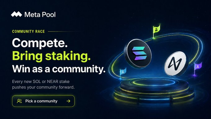 A promotional banner for 'Meta Pool' advertises a community race with the text 'Compete. Bring staking. Win as a community.'