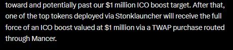 A snippet of white text on a black background discussing an ICO boost target and mentioning Stonklauncher and Mancer.