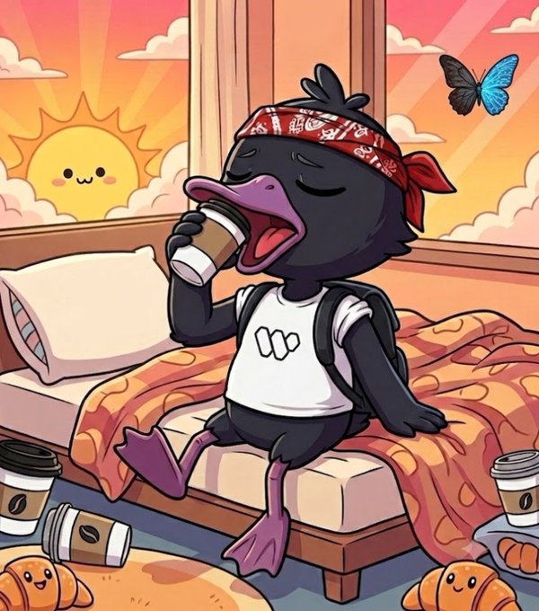 A cartoon illustration of a black bird-like character wearing a red bandana and white shirt drinking coffee in bed, with a smiling sun, a blue butterfly, and coffee cups in the scene.