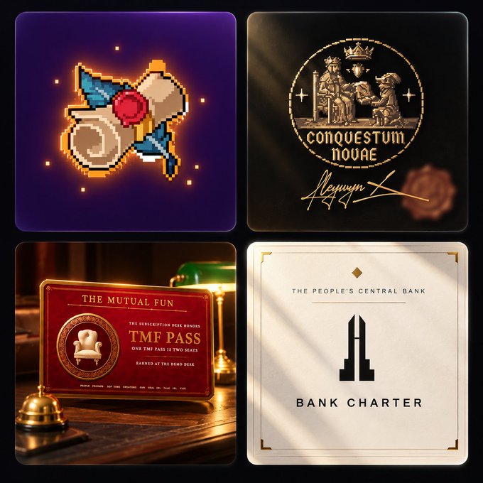 A 2x2 grid showcasing four NFT collectibles that correspond to the tags in the caption: a pixel-art magic sword on a purple background, a "Conquestum Novae" gold medallion with a signature, a "The Mutual Fun - TMF Pass" red membership card (featuring text "ONE TMF PASS IS TWO SEATS"), and a cream-colored "Bank Charter" document labeled "THE PEOPLE'S CENTRAL BANK" with a black architectural emblem.