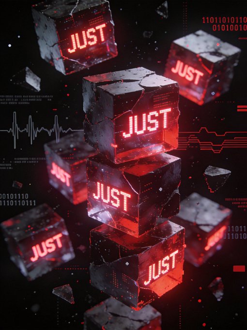 A digital artwork shows cracked dark cubes glowing red with the word 'JUST' on each face, surrounded by binary code.
