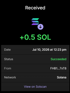 A screenshot showing a successful receipt of +0.5 SOL dated Jul 10, 2026, confirming a purchase transaction of 5 million $RBULL tokens on the Solana network, with a direct link to verify the transaction on Solscan.