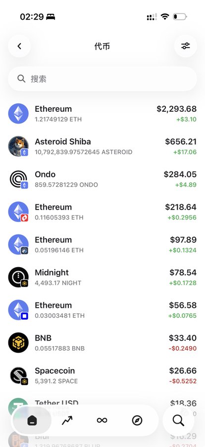The image shows a cryptocurrency wallet app interface (in Chinese, with "代币" meaning "Tokens") listing holdings sorted by balance, including Ethereum ($2,293.68), Asteroid Shiba ($656.21), Ondo ($284.05), and various smaller amounts down to Tether USD ($18.36). The screenshot illustrates the poster's point about how meme coins like Asteroid Shiba appear prominently in a wallet sorted by balance, supposedly exposing a claim made by Zhao Changpeng about not being able to locate such tokens.