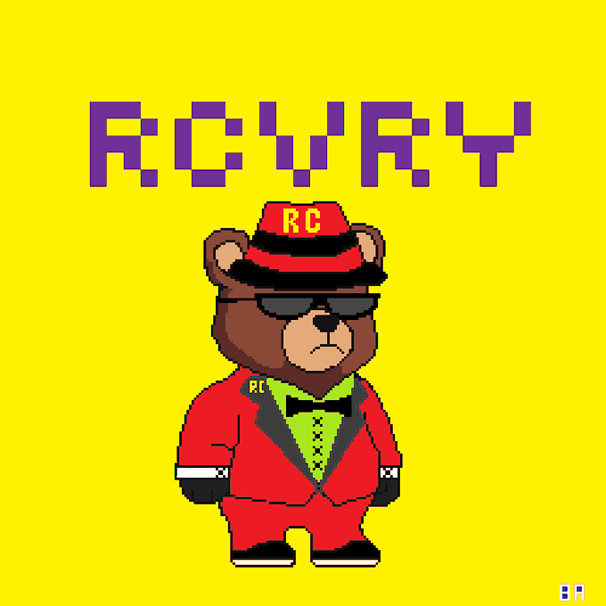 The image features a cartoon bear wearing a red suit, black hat, and sunglasses standing against a yellow background with purple text that reads "RC'RY". The bear appears to be dressed for a formal event or occasion, possibly attending a party or a special gathering.