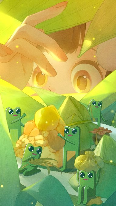 An illustration showing a child peering down at cute anthropomorphic zongzi (sticky rice dumplings) characters gathered around traditional Chinese treats, with a hand reaching down from above.