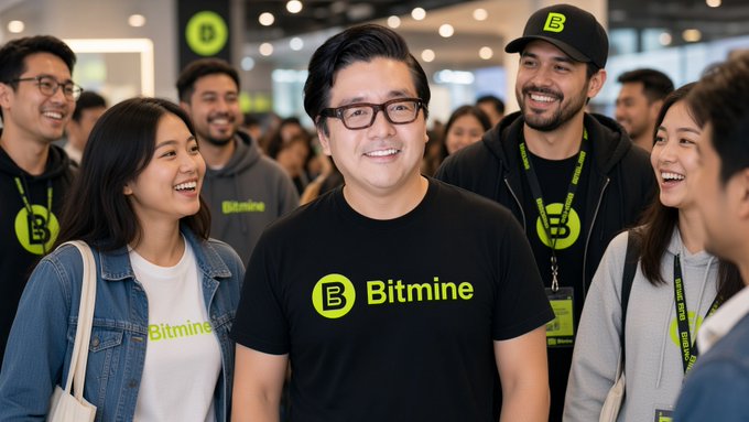 A group of smiling people wear black "Bitmine" branded t-shirts and lanyards featuring a green "B" logo at what appears to be a promotional event. The image visually supports the post's request for official Bitmine (BitMNR) merchandise, as fans are already proudly displaying the company's branding.