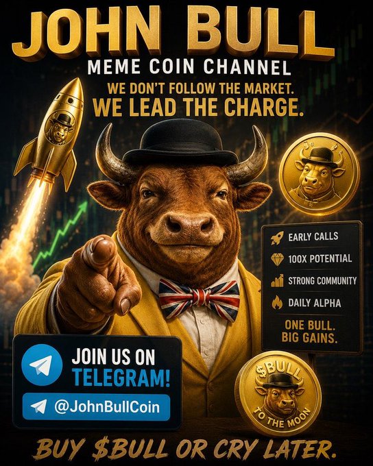 Promotional graphic for 'JOHN BULL MEME COIN CHANNEL' featuring an anthropomorphic bull in a suit and bowler hat with a rocket, advertising a Telegram channel @JohnBullCoin with the slogan 'BUY $BULL OR CRY LATER'.
