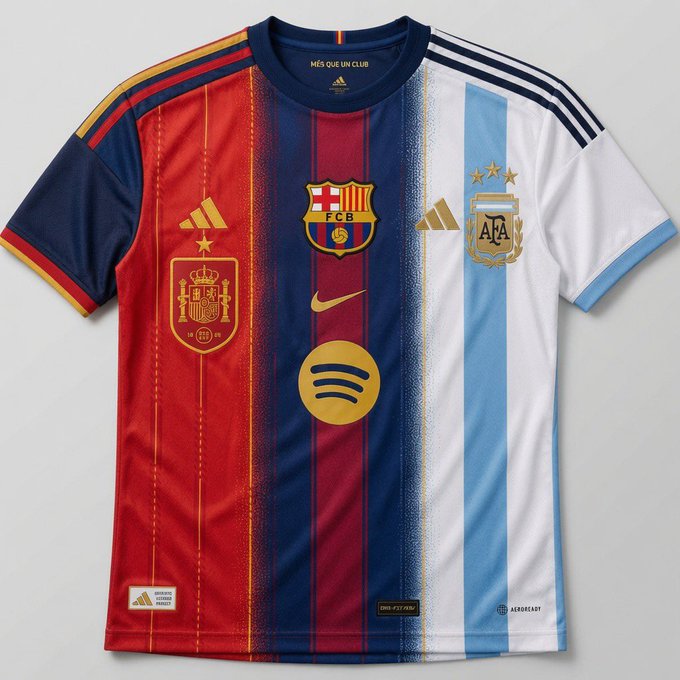 A football jersey combining Spain, FC Barcelona, and Argentina designs with Nike, Adidas, Spotify, and AFA logos, featuring the text 'MÉS QUE UN CLUB'.