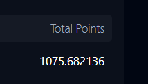 The image displays two stacked bar charts labeled "1d Points" and "1d5d5mVol," corresponding to the daily points and trading volume metrics mentioned in the post. The charts visualize the 1,075 points achieved on $17M of volume, representing a notable increase from the 43 points per $1M ratio cited two weeks prior to the current 63 points per $1M efficiency.