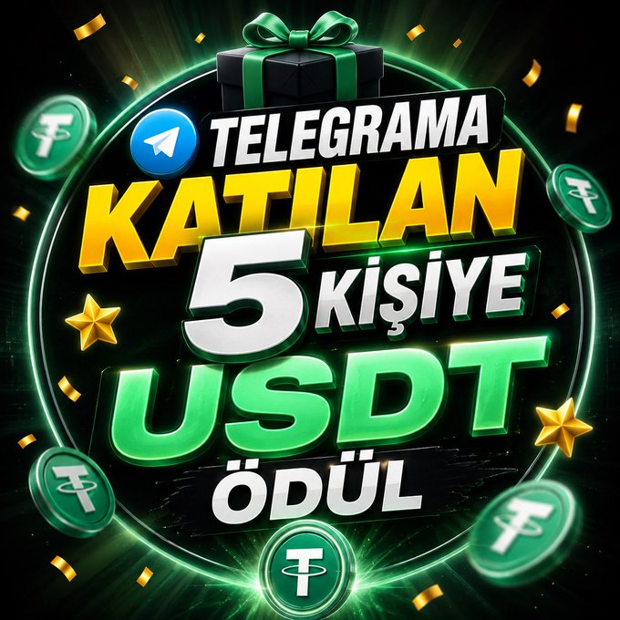 A promotional graphic with green and yellow text reading "TELEGRAM KATILAN 5 KİŞİYE USDT ÖDÜL" featuring a gift box and Tether (USDT) coins.