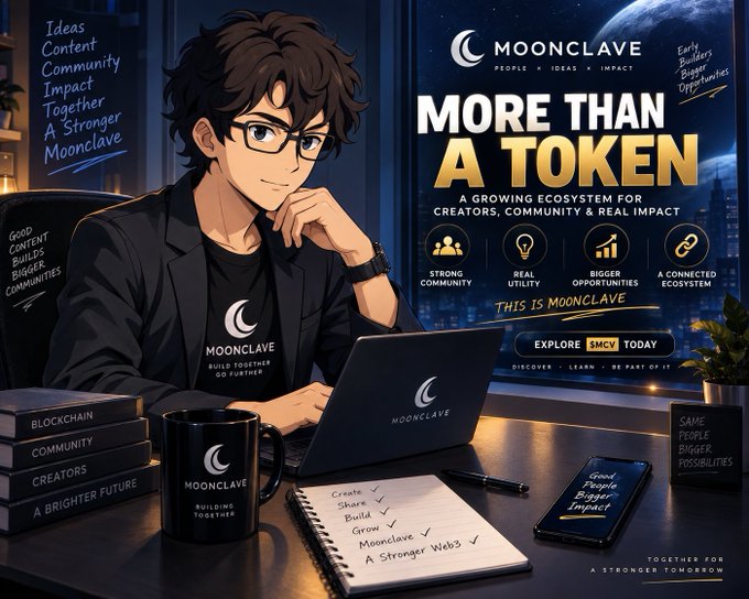 Promotional artwork for 'MOONCLAVE' featuring an anime-style character at a laptop, advertising 'More Than A Token' with the ticker $MCV and emphasizing community and utility.