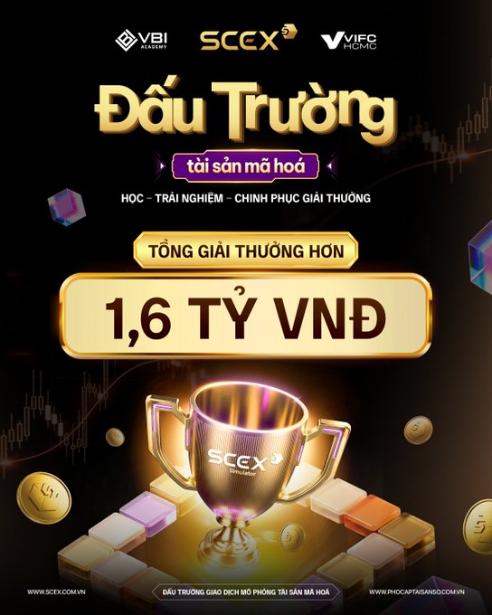 A promotional poster for VBI Academy's "Đấu Trường Tài Sản Mã Hóa" (Crypto Assets Arena) competition featuring sponsors SCEX and VIFO HDMC, announcing a total prize pool of 1.6 billion VND with a golden trophy displayed against a dark trading-themed background, directly illustrating the headline program and prize amount mentioned in the announcement.