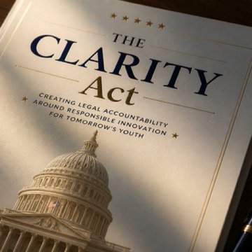 A close-up of a poster or document titled 'The CLARITY Act' with the subtitle 'Creating Legal Accountability Around Responsible Innovation for Tomorrow's Youth,' featuring an image of the U.S. Capitol building.