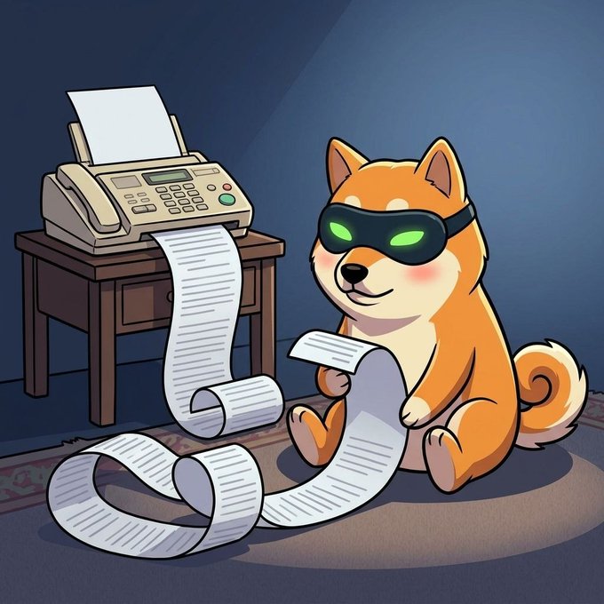 Cartoon illustration of a Shiba Inu dog wearing green-glowing night-vision goggles reading a long fax printout from a machine on a small wooden table.
