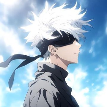 An anime character with spiky white hair and a black blindfold looks sideways against a bright blue sky.
