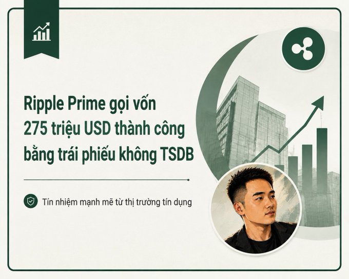 Vietnamese infographic announcing 'Ripple Prime gọi vốn 275 triệu USD thành công bằng trái phiếu không TSDB' with Ripple logo and a man's portrait.