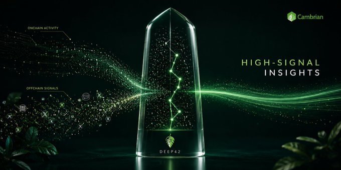 A dark green promotional banner for Cambrian featuring a glowing crystal-like capsule with constellation patterns, labeled 'DEEP42' at the base, alongside 'HIGH-SIGNAL INSIGHTS' text and 'ONCHAIN ACTIVITY' / 'OFFCHAIN SIGNALS' labels.