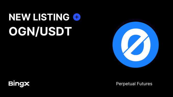 A black promotional graphic announcing a 'NEW LISTING OGN/USDT' on the BingX exchange, featuring the blue Origin Token (OGN) logo on the right and 'Perpetual Futures' text at the bottom.