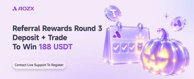 A promotional banner for AOZX exchange's 'Referral Rewards Round 3' campaign, encouraging users to 'Deposit + Trade To Win 188 USDT' with a 'Contact Live Support To Register' button, featuring a purple Halloween-themed pumpkin and calendar graphic.