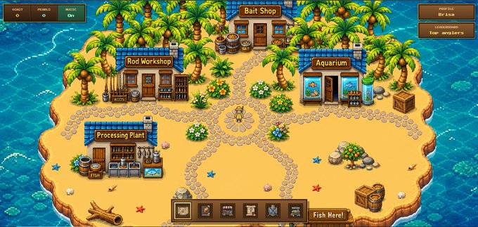 A screenshot from the Fishlands play-to-earn game on Ronin Network shows a tropical island hub featuring buildings like the "Bait Shop," "Rod Workshop," "Aquarium," and "Processing Plant," with a central character ready to catch fish and a "Fish Here!" button at the bottom. The image aligns with the post's promotion of the game's ecosystem, highlighting its NFT-based fishing gameplay.