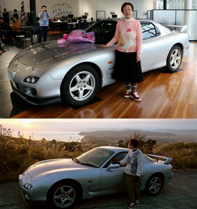 Two photos show an elderly woman posing with a silver Mazda RX-7 (FD generation) sports car, first in what appears to be a showroom, then outdoors at sunset.