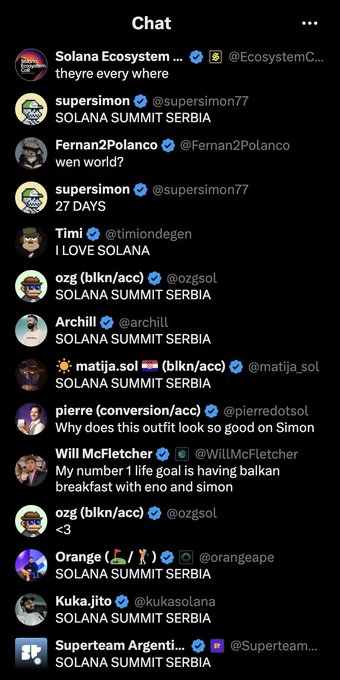A Twitter/X chat screenshot showing multiple users including supersimon77, Fernan2Polanco, and ozgsol all posting 'SOLANA SUMMIT SERBIA' messages, along with related comments about the event.