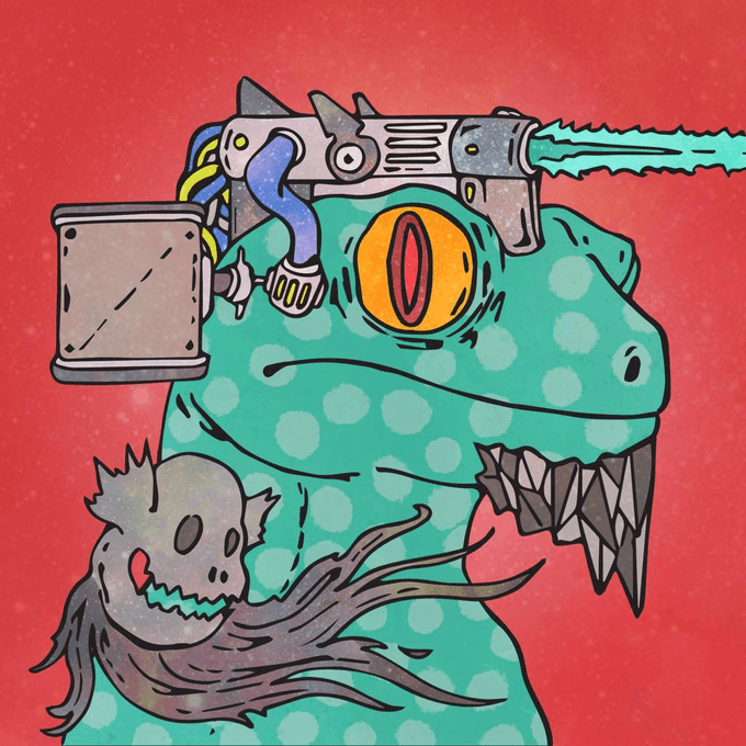 A cartoon illustration of a teal, spotted reptilian creature with a mechanical contraption mounted on its head that fires a laser beam, while it holds a small skull-like creature in its claws.