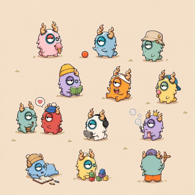 An illustration features multiple cute, colorful cartoon monsters with horns and a single eye, engaged in various activities like reading, playing, and exercising.
