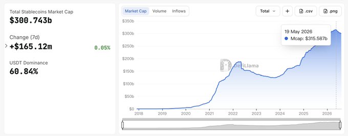 A financial dashboard from DefiLlama showing Total Stablecoins Market Cap at $300.743b with a 0.85% 7-day change, USDT Dominance of 60.84%, and a market cap growth chart from 2018 to 2026.