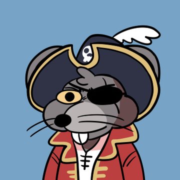 A cartoon illustration of a gray mouse dressed as a pirate with an eye patch, a black pirate hat with a skull and crossbones and white feather, and a red coat over a white shirt.