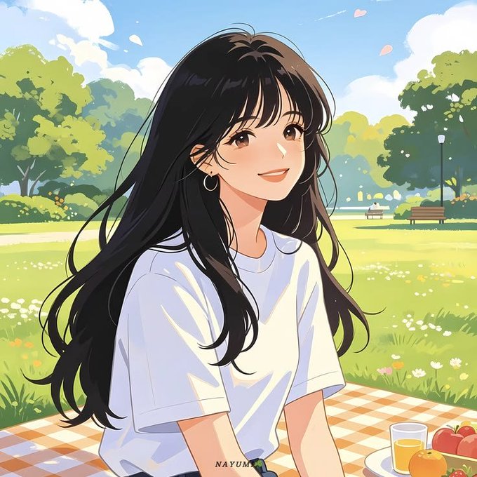 An anime-style illustration of a smiling girl with long dark hair wearing a white t-shirt, sitting on a checkered picnic blanket in a sunny park with trees, a bench, and fruit visible in the foreground.