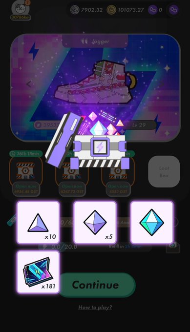 Mobile game screen showing a 'Jogger' sneaker item at Level 29 with rewards including 10 light purple gems, 5 light blue gems, 1 cyan gem, and 181 cards, with a 'Continue' button.