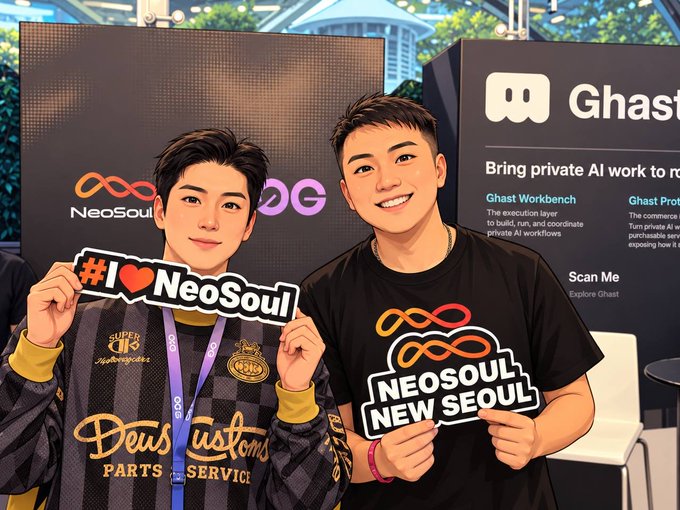 Two young men pose with "#1 ❤️NeoSoul" and "NEOSOUL NEW SEOUL" signs at the 0G DevDay event, standing in front of a NeoSoul infinity logo backdrop and a Ghast promotional banner. The image captures their support for NeoSoul after the project announced a $DNA airdrop for affected StandX users.